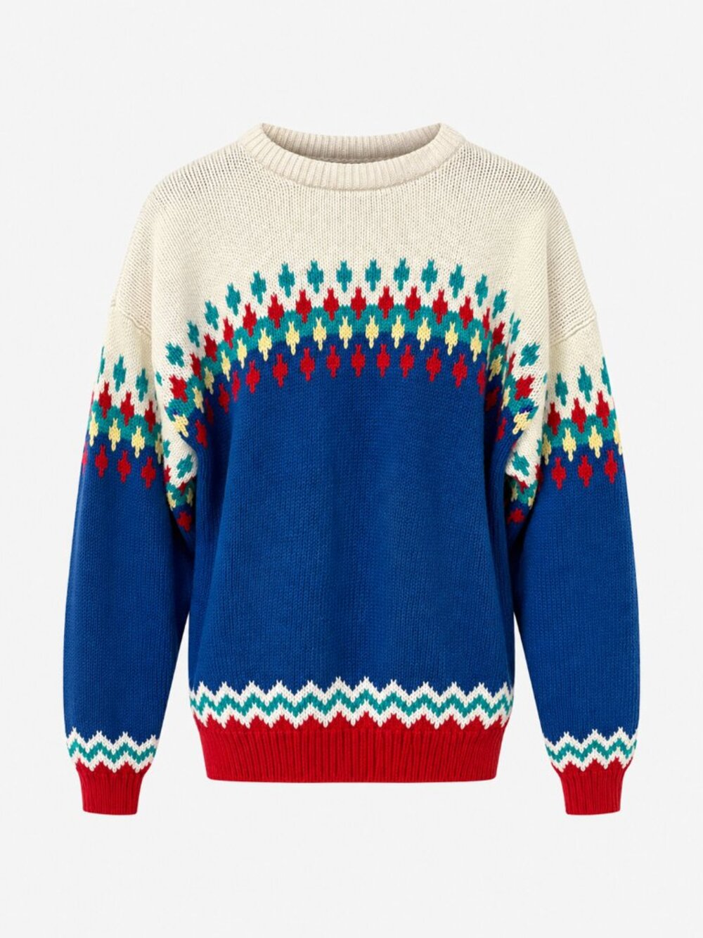IZOD Vintage Fair Isle Cotton Sweater Blue Red Geometric Ski Crewneck Men’s L